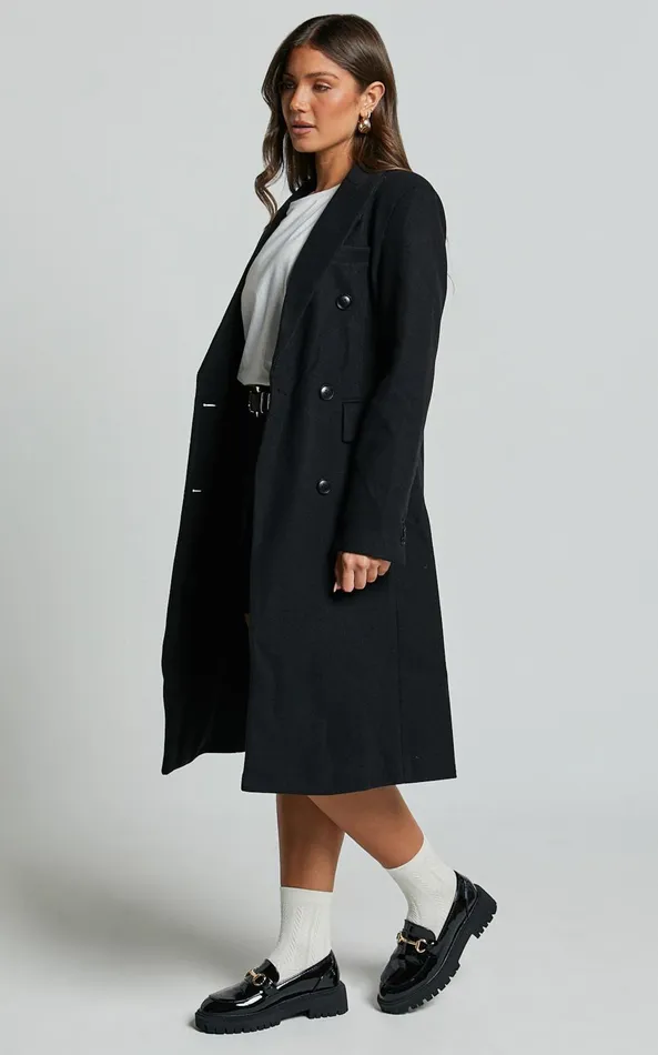 Showpo Charlotte Coat 8211 Double Breasted Long Line Coat In Black Women Jackets and Coats