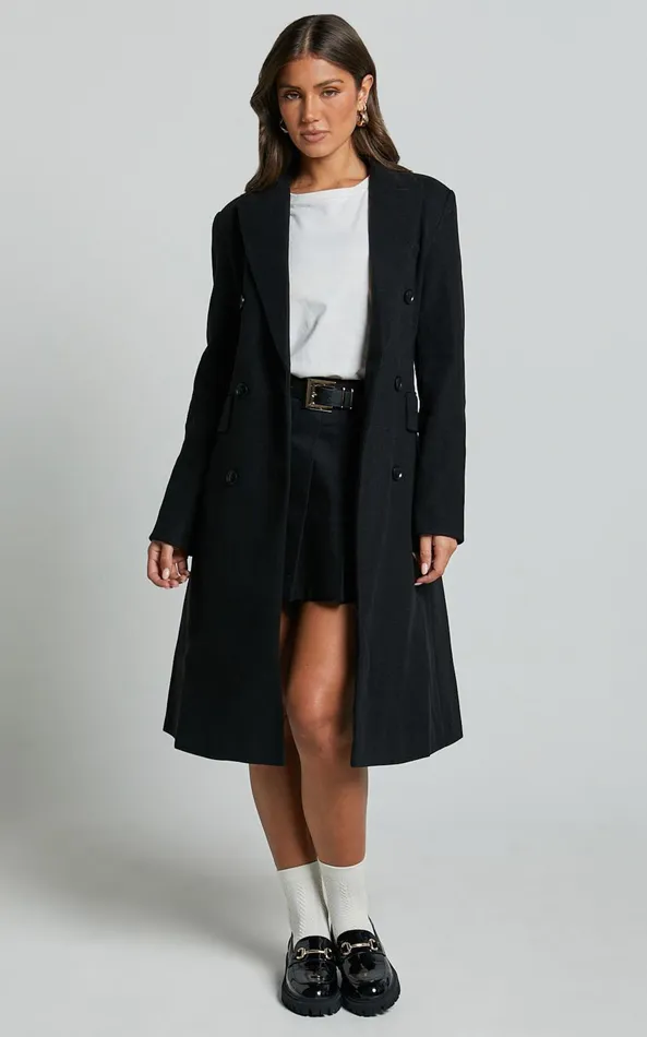 Showpo Charlotte Coat 8211 Double Breasted Long Line Coat In Black Women Jackets and Coats
