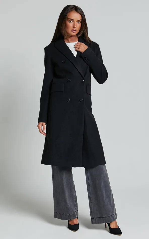 Showpo Charlotte Coat 8211 Double Breasted Long Line Coat In Black Women Jackets and Coats