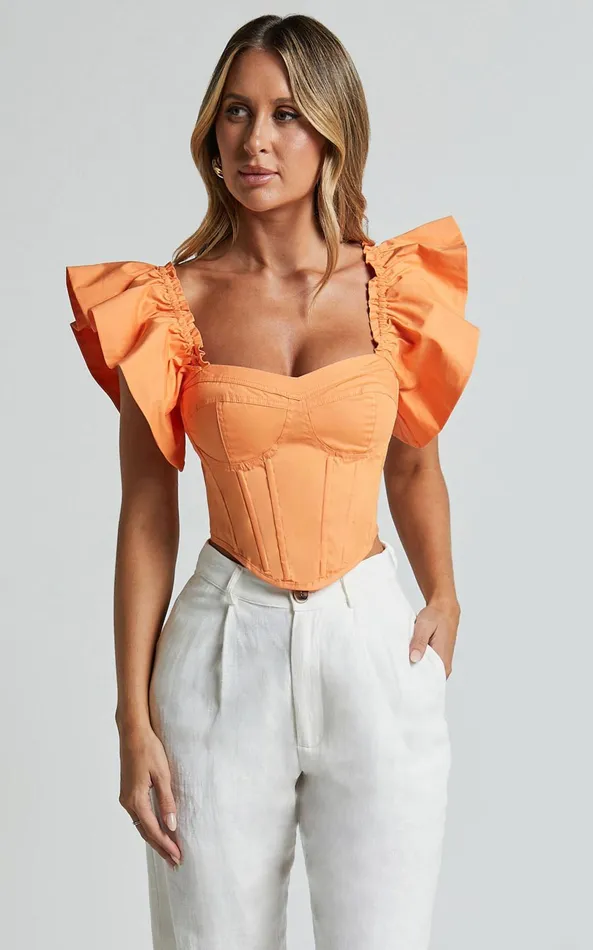 Showpo Charon Top 8211 Flutter Sleeve Corset Top In Sherbet Women Tops