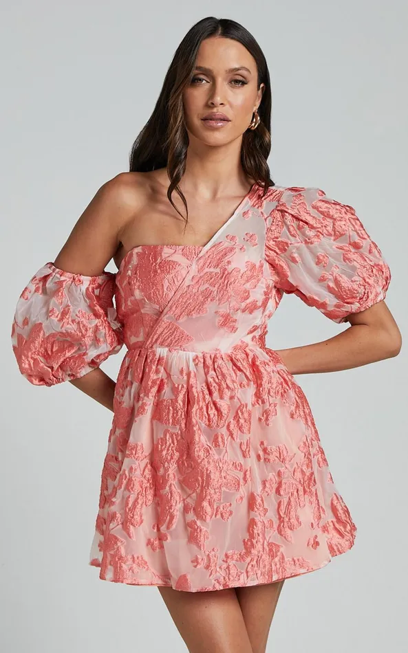 Showpo Charrie Mini Dress 8211 One Shoulder Puff Sleeve Dress In Peach Jacquard Women Dresses Showpo Charrie Mini Dress 8211 One Shoulder Puff Sleeve Dress In Peach Jacquard Women Dresses