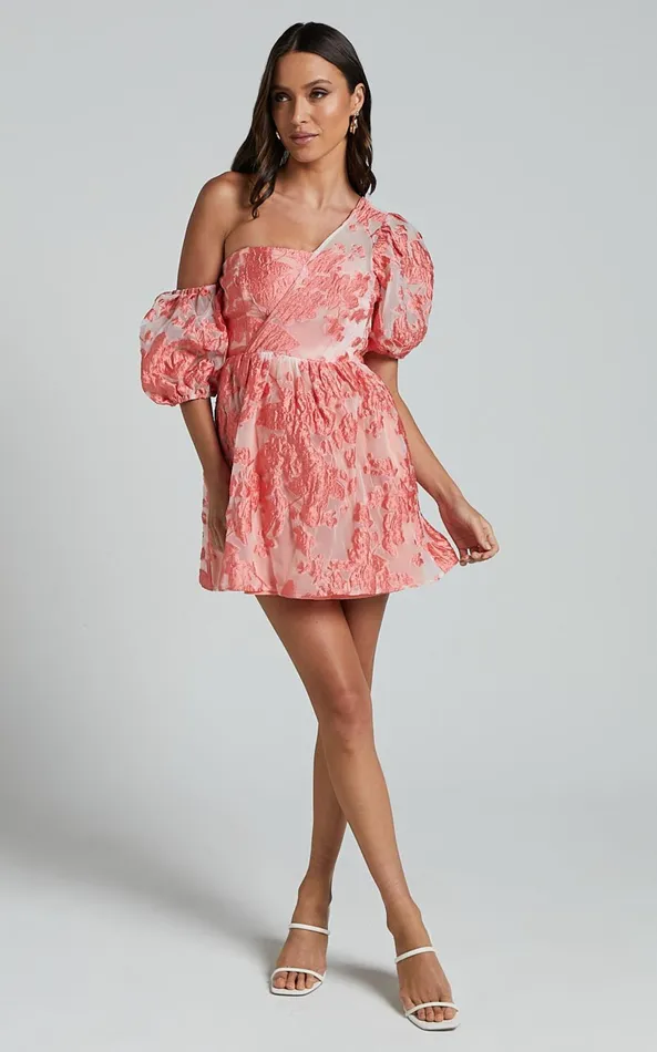 Showpo Charrie Mini Dress 8211 One Shoulder Puff Sleeve Dress In Peach Jacquard Women Dresses