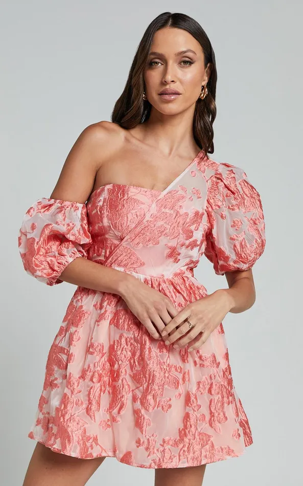 Showpo Charrie Mini Dress 8211 One Shoulder Puff Sleeve Dress In Peach Jacquard Women Dresses