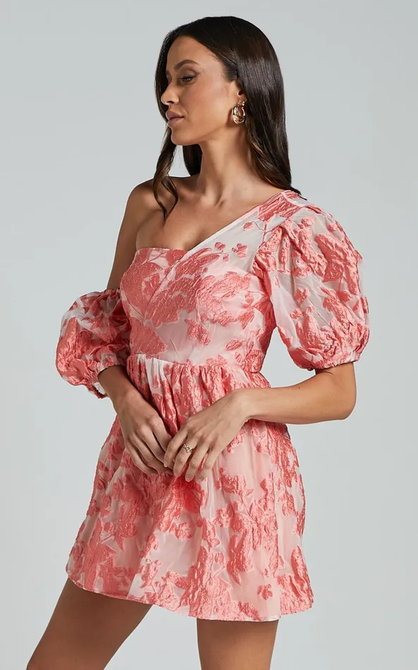 Showpo Charrie Mini Dress 8211 One Shoulder Puff Sleeve Dress In Peach Jacquard Women Dresses