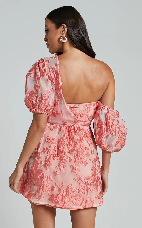 Showpo Charrie Mini Dress 8211 One Shoulder Puff Sleeve Dress In Peach Jacquard Women Dresses
