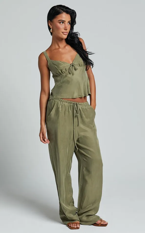 Showpo Chaya Pants 8211 Cupro Mid Rise Relaxed Drawstring Pants In Moss Women Pants