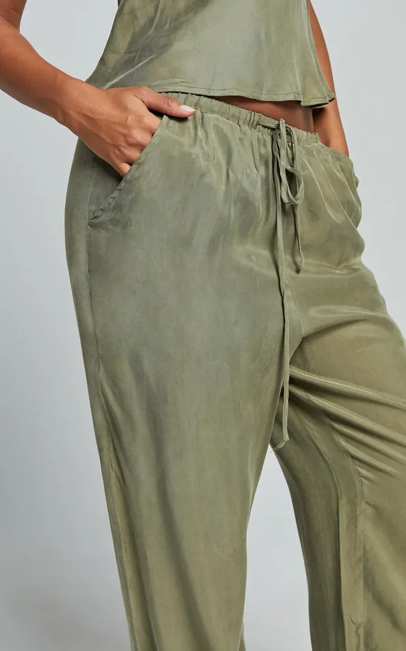 Showpo Chaya Pants 8211 Cupro Mid Rise Relaxed Drawstring Pants In Moss Women Pants