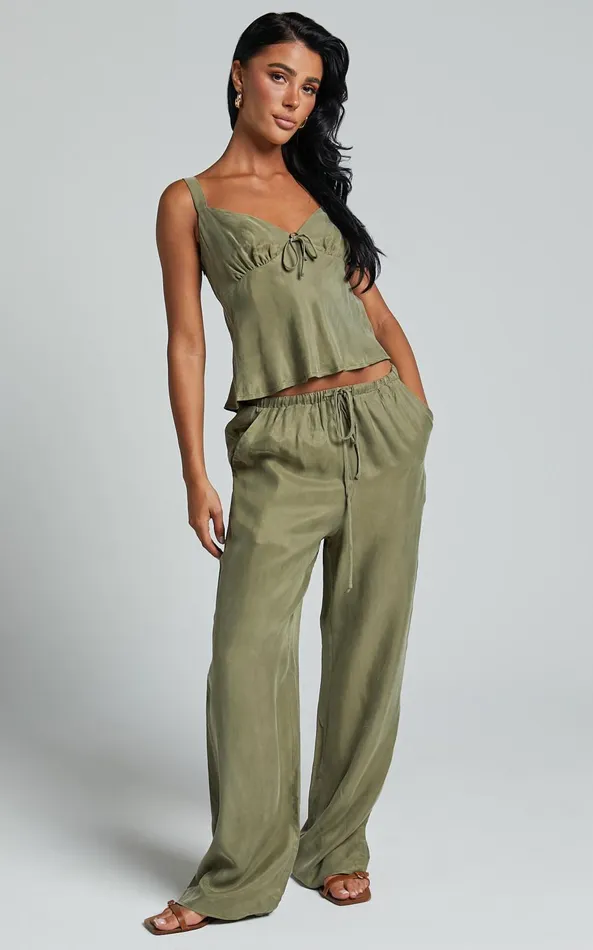 Showpo Chaya Pants 8211 Cupro Mid Rise Relaxed Drawstring Pants In Moss Women Pants