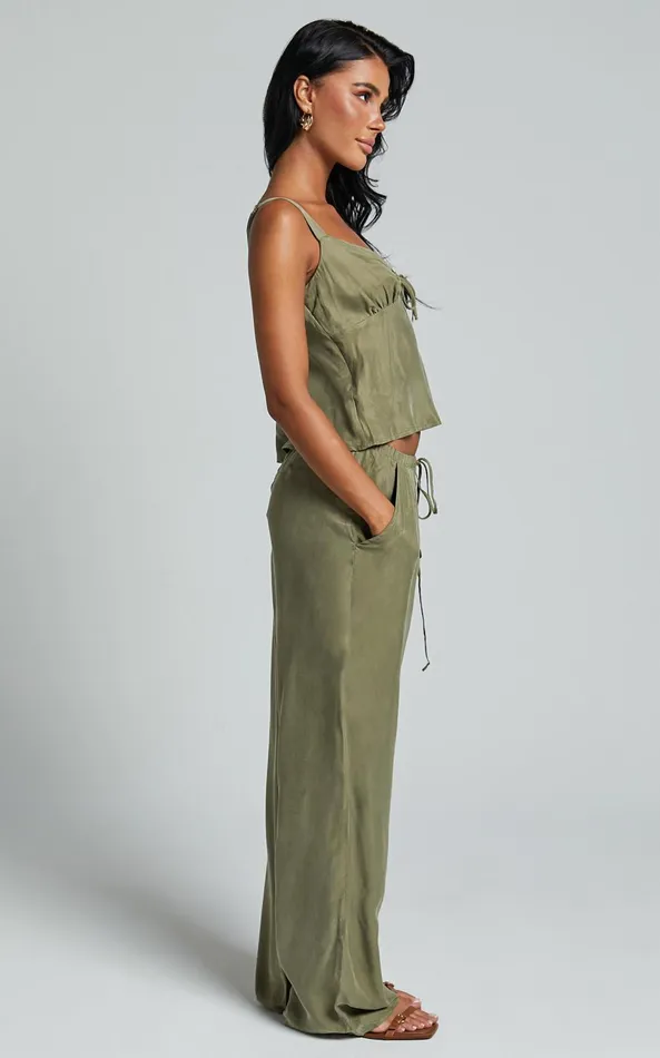 Showpo Chaya Pants 8211 Cupro Mid Rise Relaxed Drawstring Pants In Moss Women Pants