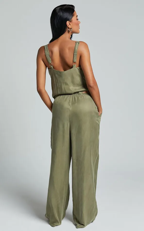 Showpo Chaya Pants 8211 Cupro Mid Rise Relaxed Drawstring Pants In Moss Women Pants