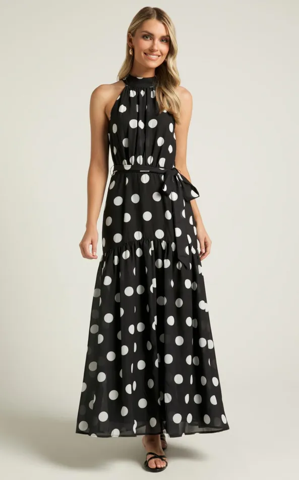 Showpo Chayenne Maxi Dress 8211 Halter Neck Tie Waist In Vienna Spot Women Dresses