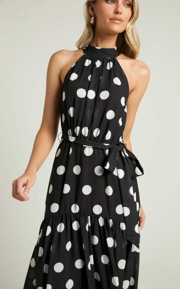 Showpo Chayenne Maxi Dress 8211 Halter Neck Tie Waist In Vienna Spot Women Dresses