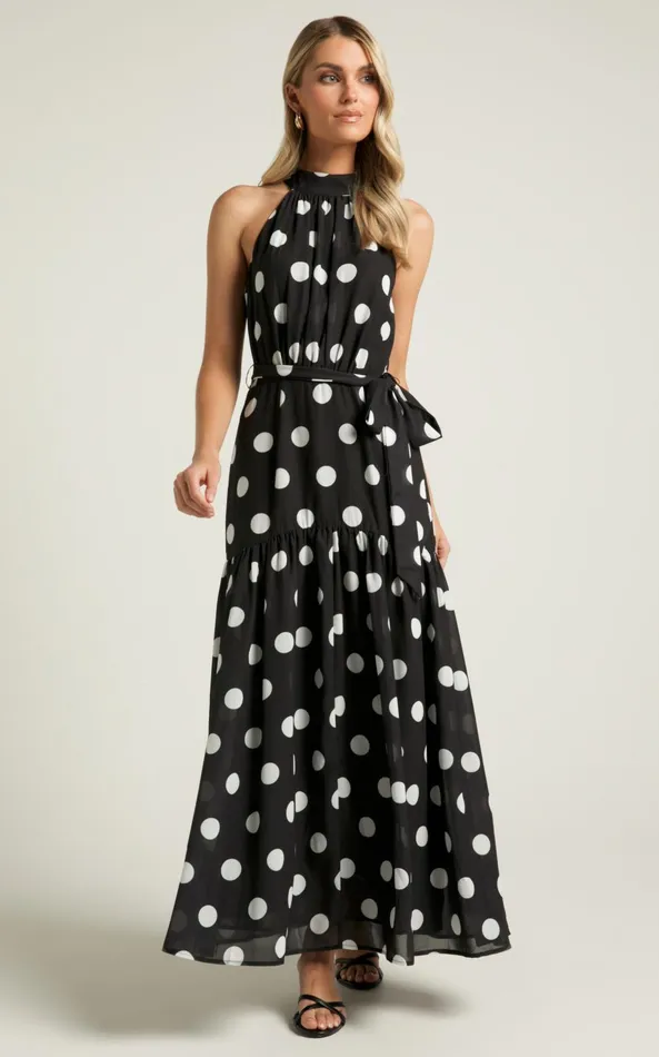 Showpo Chayenne Maxi Dress 8211 Halter Neck Tie Waist In Vienna Spot Women Dresses