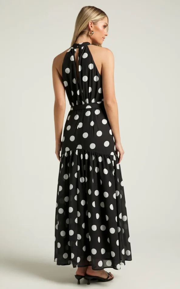 Showpo Chayenne Maxi Dress 8211 Halter Neck Tie Waist In Vienna Spot Women Dresses