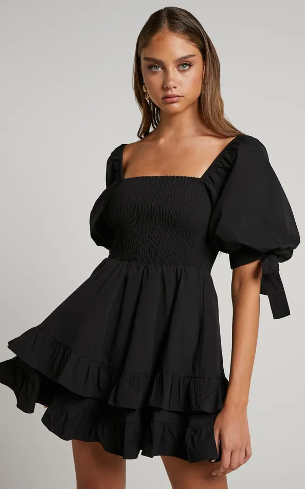 Showpo Chelle Mini Dress 8211 Shirred Short Tie Sleeve Dress In Black Women Curve Clothes Showpo Chelle Mini Dress 8211 Shirred Short Tie Sleeve Dress In Black Women Curve Clothes