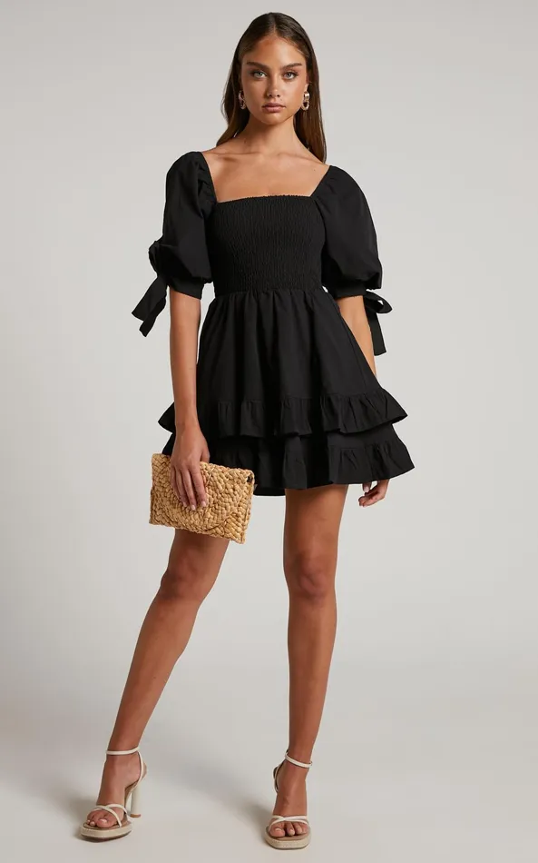 Showpo Chelle Mini Dress 8211 Shirred Short Tie Sleeve Dress In Black Women Curve Clothes