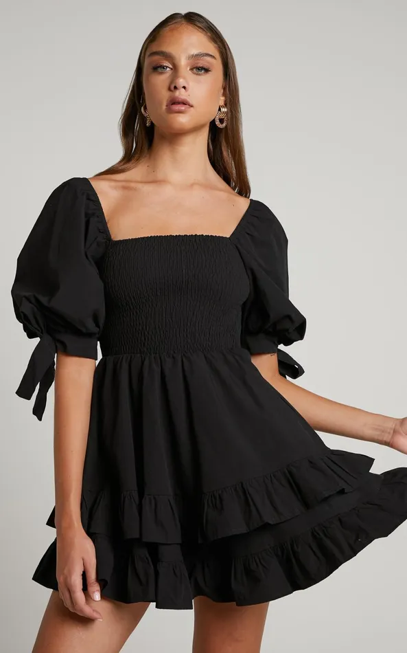 Showpo Chelle Mini Dress 8211 Shirred Short Tie Sleeve Dress In Black Women Curve Clothes