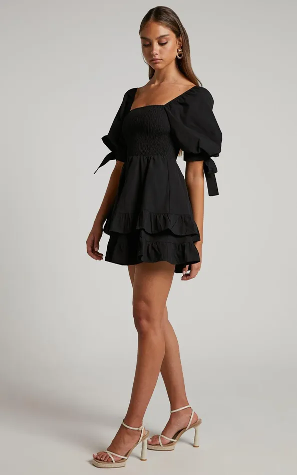Showpo Chelle Mini Dress 8211 Shirred Short Tie Sleeve Dress In Black Women Curve Clothes