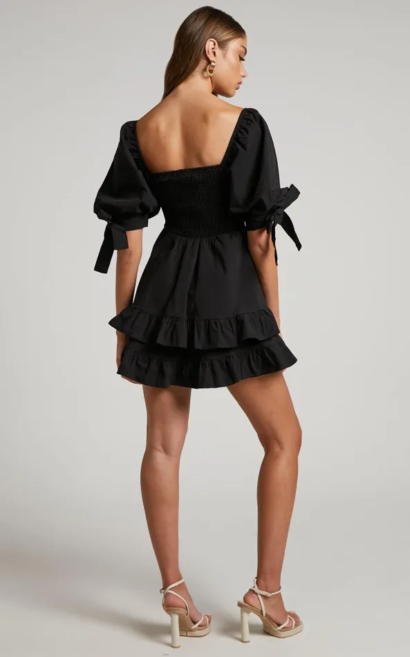 Showpo Chelle Mini Dress 8211 Shirred Short Tie Sleeve Dress In Black Women Curve Clothes