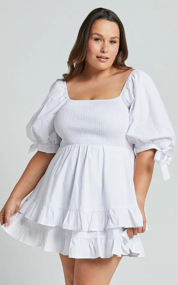 Showpo Chelle Mini Dress 8211 Shirred Short Tie Sleeve Dress In White Women Curve Clothes Showpo Chelle Mini Dress 8211 Shirred Short Tie Sleeve Dress In White Women Curve Clothes