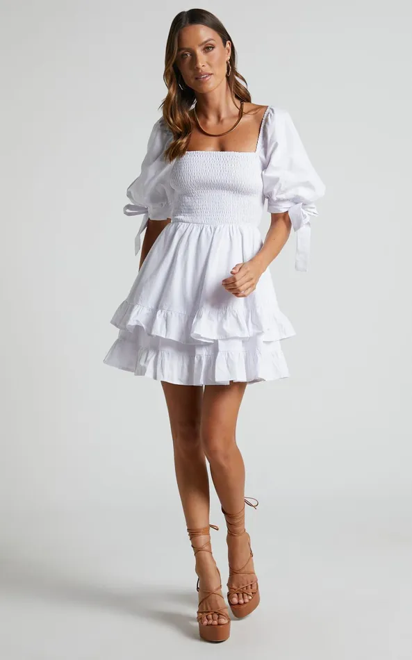 Showpo Chelle Mini Dress 8211 Shirred Short Tie Sleeve Dress In White Women Curve Clothes Showpo Chelle Mini Dress 8211 Shirred Short Tie Sleeve Dress In White Women Curve Clothes