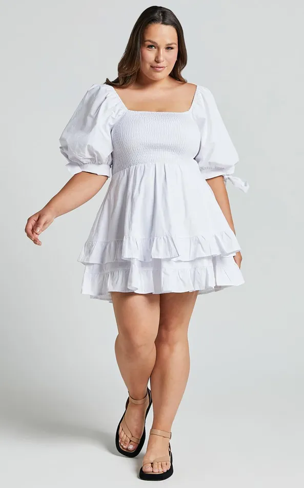 Showpo Chelle Mini Dress 8211 Shirred Short Tie Sleeve Dress In White Women Curve Clothes Showpo Chelle Mini Dress 8211 Shirred Short Tie Sleeve Dress In White Women Curve Clothes