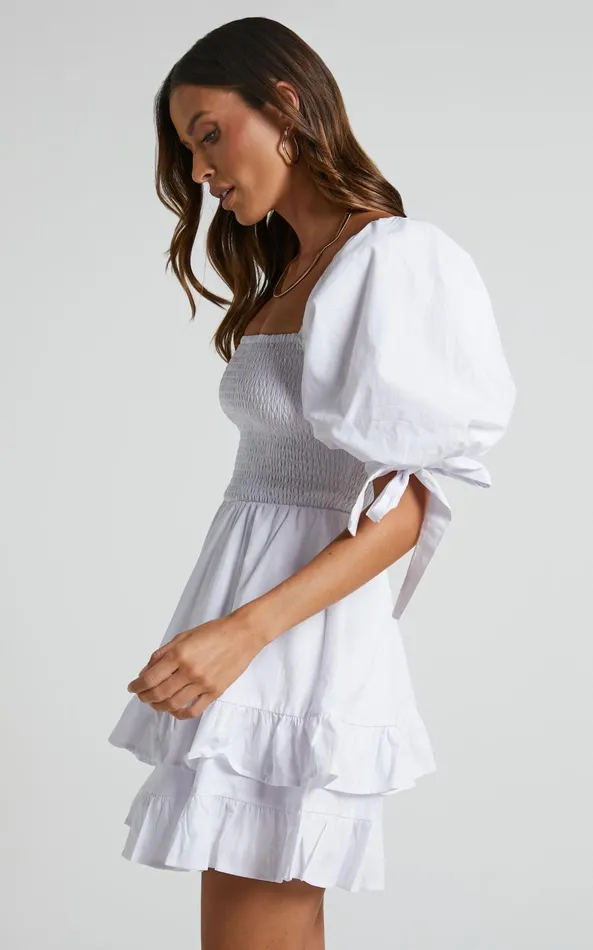 Showpo Chelle Mini Dress 8211 Shirred Short Tie Sleeve Dress In White Women Curve Clothes Showpo Chelle Mini Dress 8211 Shirred Short Tie Sleeve Dress In White Women Curve Clothes