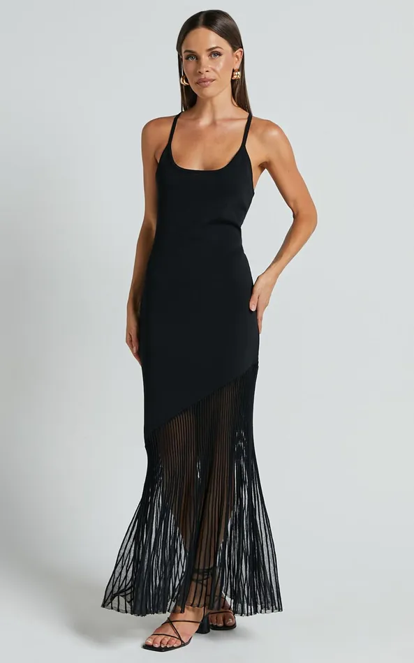 Showpo Chelly Midi Dress 8211 Knitted Asymmetric Sheer Hem Panel Dress In Black Women Dresses