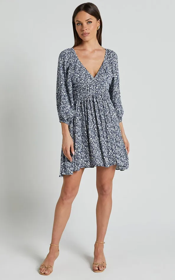 Showpo Chereena Mini Dress 8211 Plunge Neck Raglan 34 Sleeve Smock Dress In Blue Floral Women Dresses