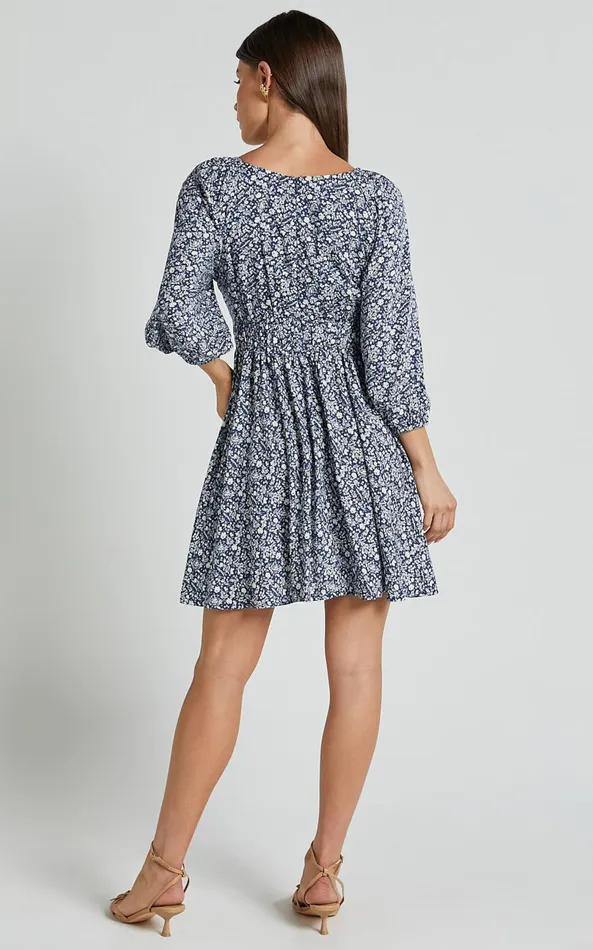 Showpo Chereena Mini Dress 8211 Plunge Neck Raglan 34 Sleeve Smock Dress In Blue Floral Women Dresses