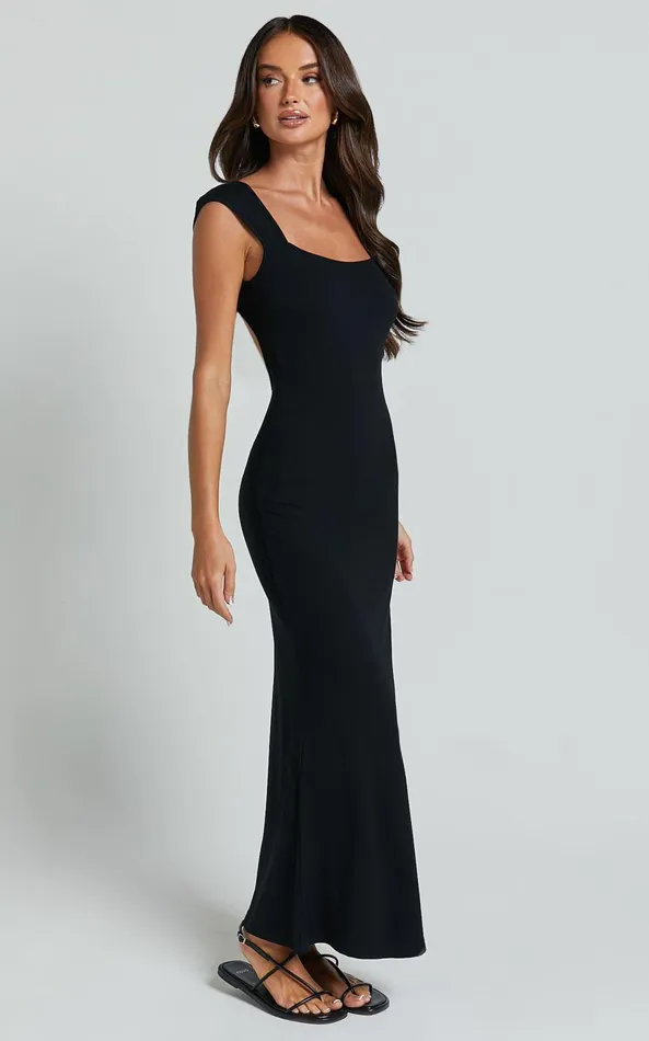 Showpo Cherell Midi Dress 8211 Scoop Neck Cap Sleeve Tie Back Bodycon Dress In Black Women Dresses