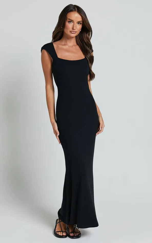 Showpo Cherell Midi Dress 8211 Scoop Neck Cap Sleeve Tie Back Bodycon Dress In Black Women Dresses