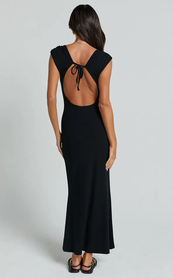Showpo Cherell Midi Dress 8211 Scoop Neck Cap Sleeve Tie Back Bodycon Dress In Black Women Dresses