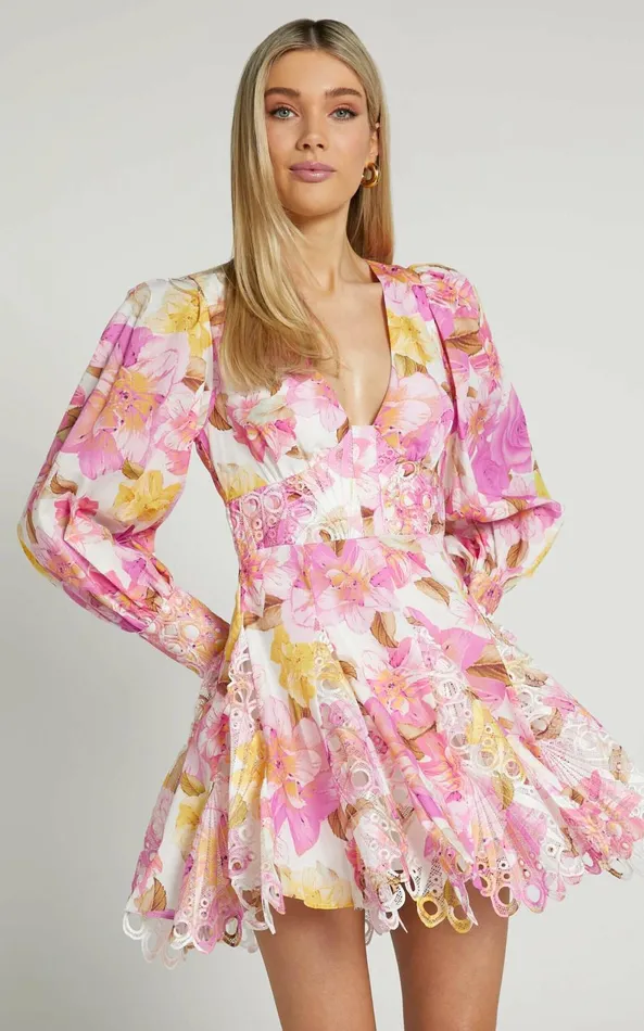 Showpo Cheretta Mini Dress 8211 Deep V Neck Long Sleeve Dress In Pink Floral Women Dresses Showpo Cheretta Mini Dress 8211 Deep V Neck Long Sleeve Dress In Pink Floral Women Dresses
