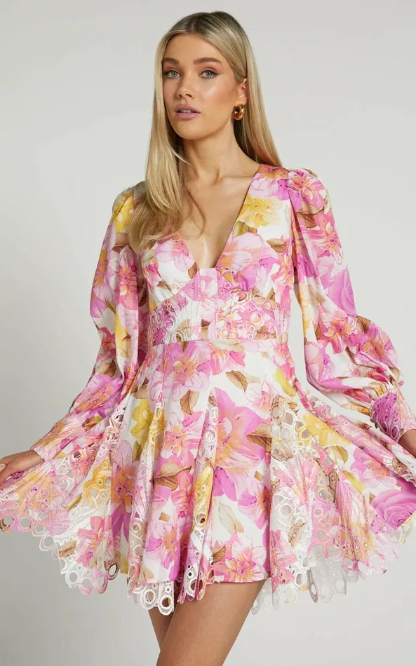 Showpo Cheretta Mini Dress 8211 Deep V Neck Long Sleeve Dress In Pink Floral Women Dresses