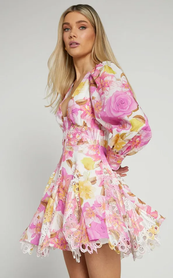 Showpo Cheretta Mini Dress 8211 Deep V Neck Long Sleeve Dress In Pink Floral Women Dresses