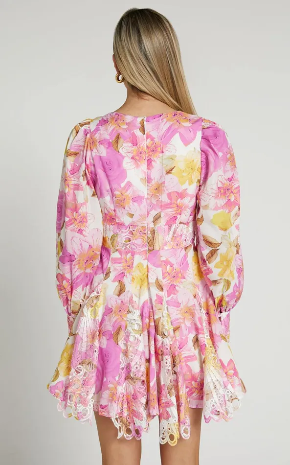 Showpo Cheretta Mini Dress 8211 Deep V Neck Long Sleeve Dress In Pink Floral Women Dresses