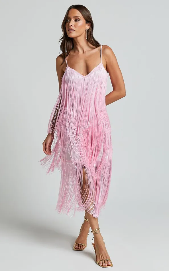 Showpo Cherika Midi Dress 8211 Zag Fringe Dress In Frost Pink Women Dresses
