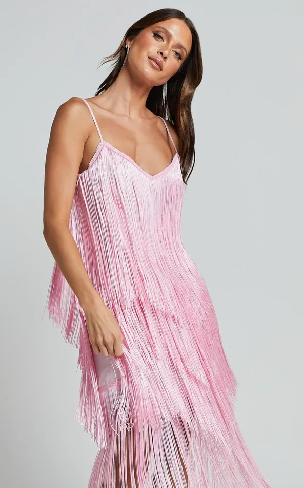 Showpo Cherika Midi Dress 8211 Zag Fringe Dress In Frost Pink Women Dresses