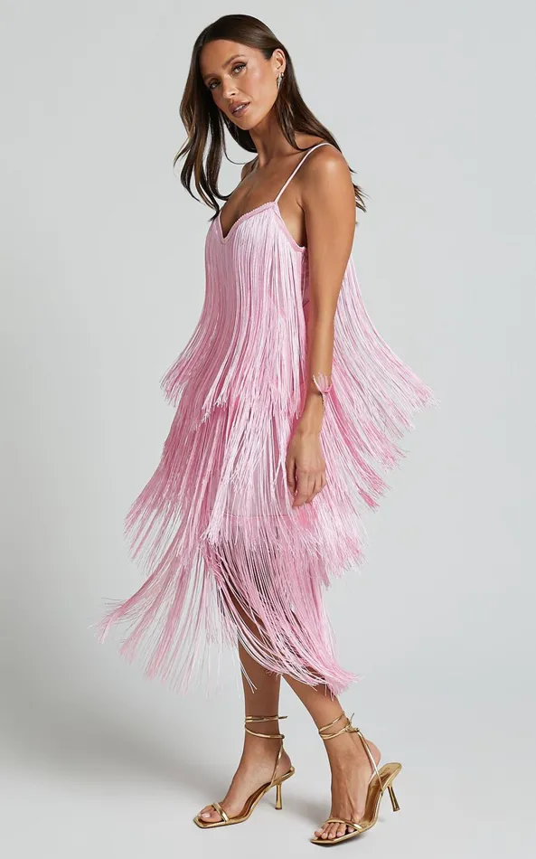 Showpo Cherika Midi Dress 8211 Zag Fringe Dress In Frost Pink Women Dresses