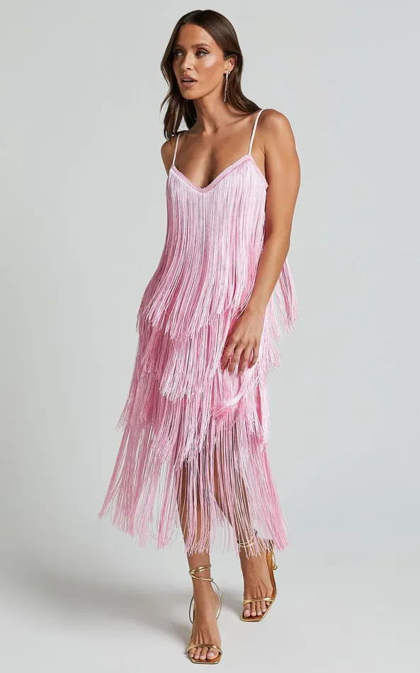 Showpo Cherika Midi Dress 8211 Zag Fringe Dress In Frost Pink Women Dresses