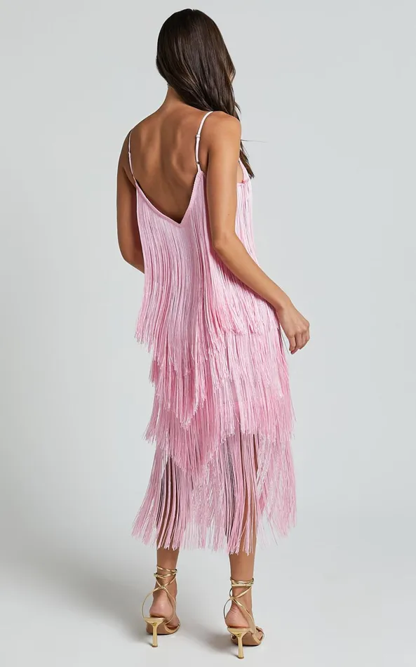 Showpo Cherika Midi Dress 8211 Zag Fringe Dress In Frost Pink Women Dresses