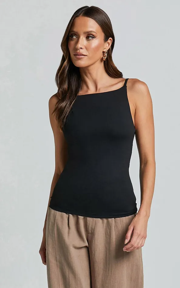 Showpo Cherita Top 8211 Boat Neck Thin Strap Cami Top In Black Women Tops
