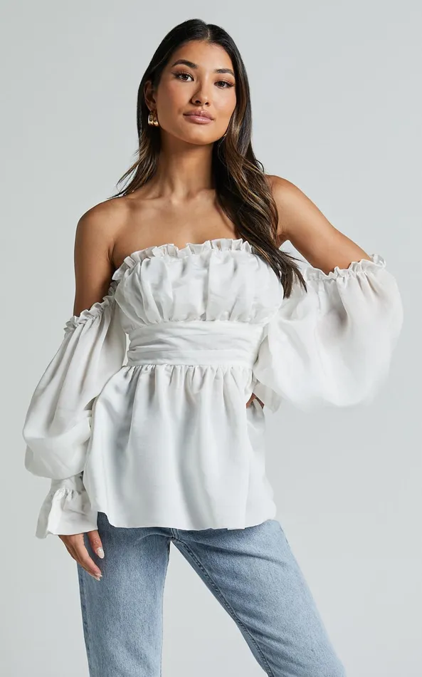 Showpo Cherlyne Top 8211 Off Shoulder Long Sleeve Blouse In White Women Tops