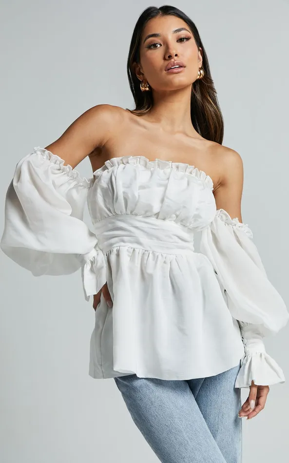 Showpo Cherlyne Top 8211 Off Shoulder Long Sleeve Blouse In White Women Tops