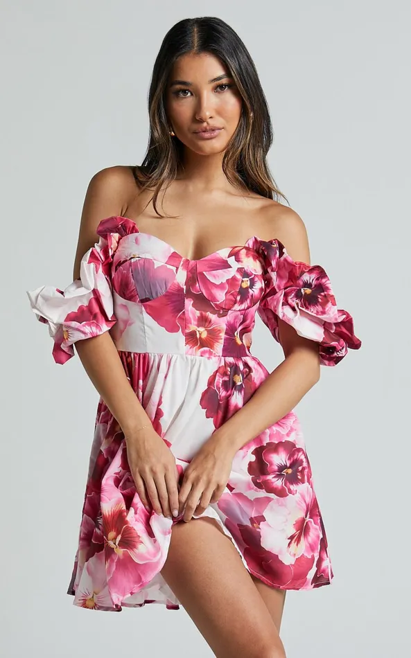 Showpo Cheryl Mini Dress 8211 Off The Shoulder Sweetheart Flare In Fiesta Floral Pink Women Dresses Showpo Cheryl Mini Dress 8211 Off The Shoulder Sweetheart Flare In Fiesta Floral Pink Women Dresses