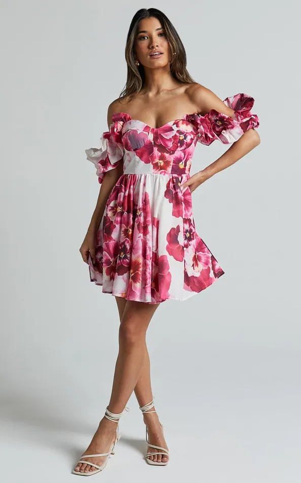 Showpo Cheryl Mini Dress 8211 Off The Shoulder Sweetheart Flare In Fiesta Floral Pink Women Dresses