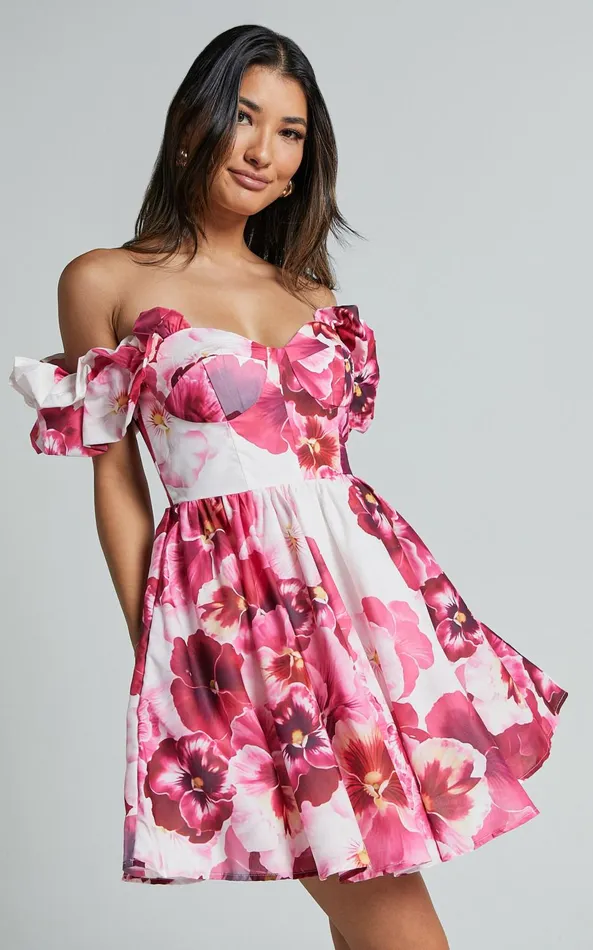 Showpo Cheryl Mini Dress 8211 Off The Shoulder Sweetheart Flare In Fiesta Floral Pink Women Dresses