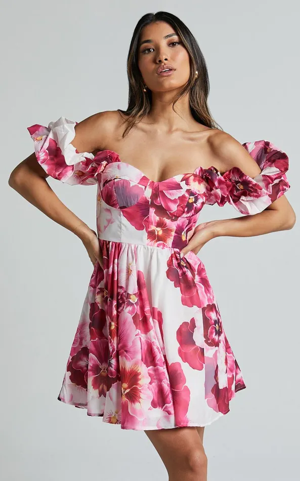 Showpo Cheryl Mini Dress 8211 Off The Shoulder Sweetheart Flare In Fiesta Floral Pink Women Dresses