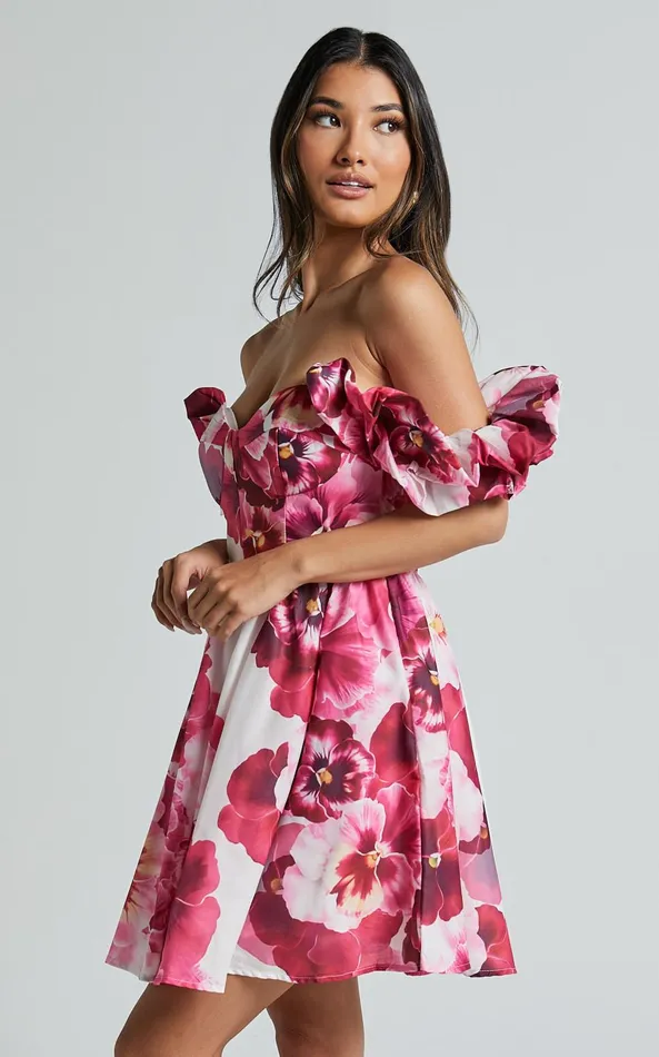 Showpo Cheryl Mini Dress 8211 Off The Shoulder Sweetheart Flare In Fiesta Floral Pink Women Dresses